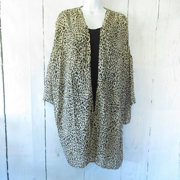Umgee Kimono Cardigan Leopard Ruffle Bell Sleeve Plus Size Swim Suit Cover Up - Picture 2 of 9